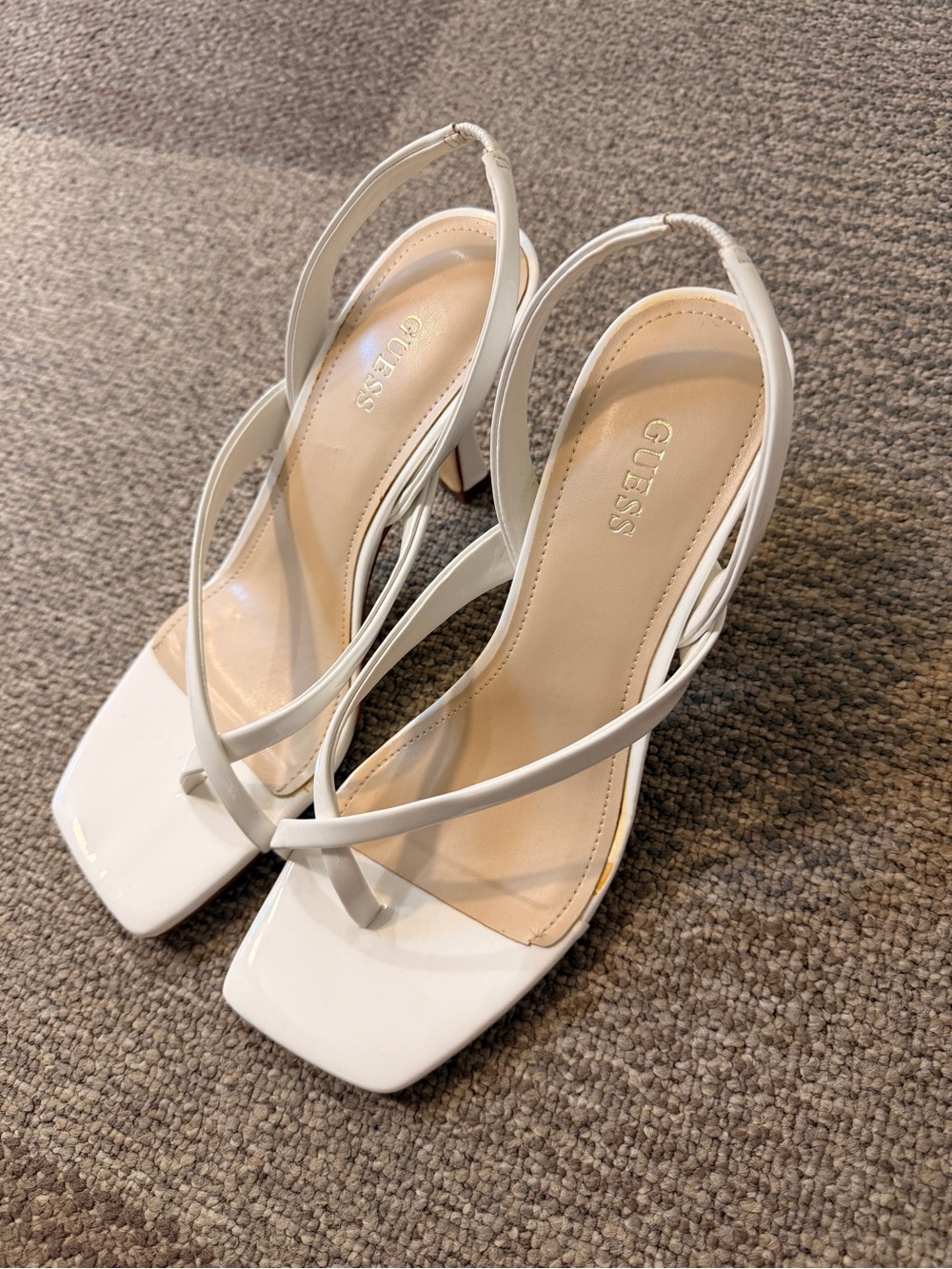 GUESS White Strappy Square-Toe Slingback Heels